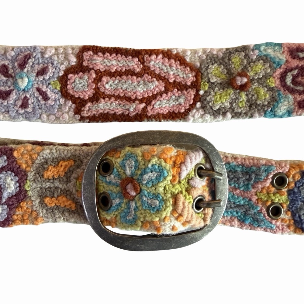 Jenny Krauss 100% Wool Hand-Embroidered Multicolor Floral Belt Made in Peru Sz M
